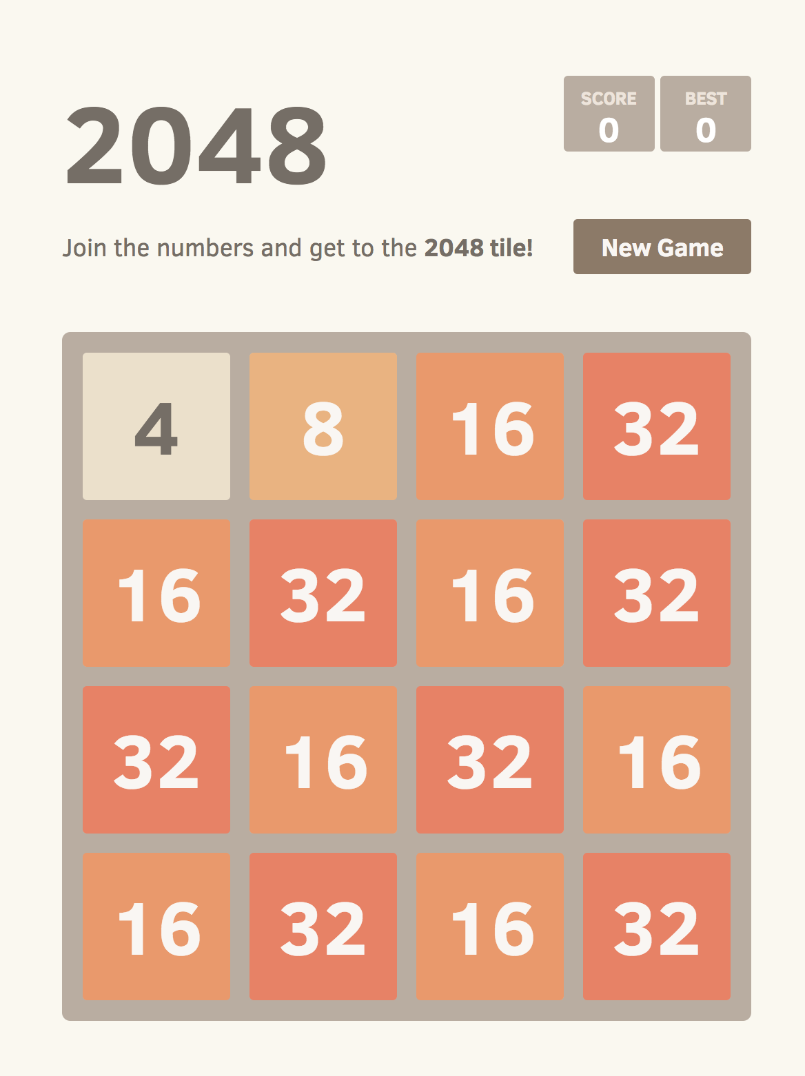 Screenshot of 2048 with an improbable but reachable board configuration